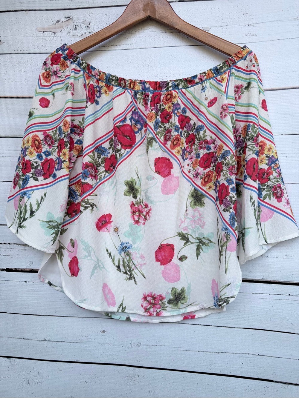 Jealous Tomato Poppy Floral Border Print Off-Shoulder Top Boho